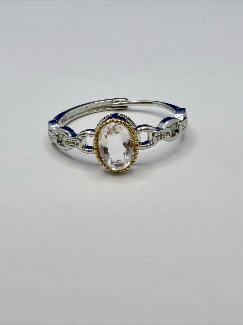 Adjustable Silver Tone Oval Clear Crystal Ring | Two-Tone Bezel - Picture 2 of 4